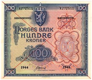 100 kroner 1944 X.272511. London utgaven med kryss. Kv.0/01