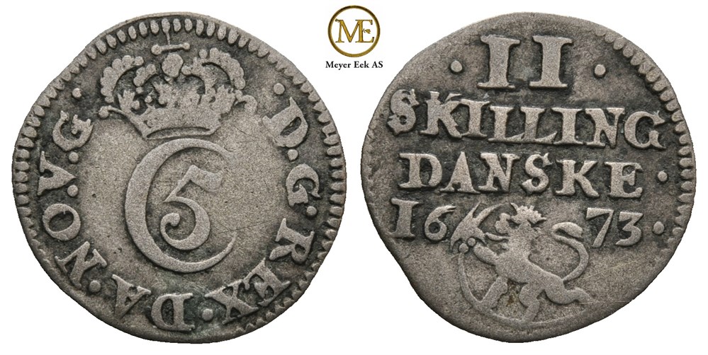 2 skilling 1673 Christian V. Kv.1/1+