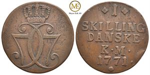 Skilling 1771 Christian VII. Kongsberg utg. Kv.1+