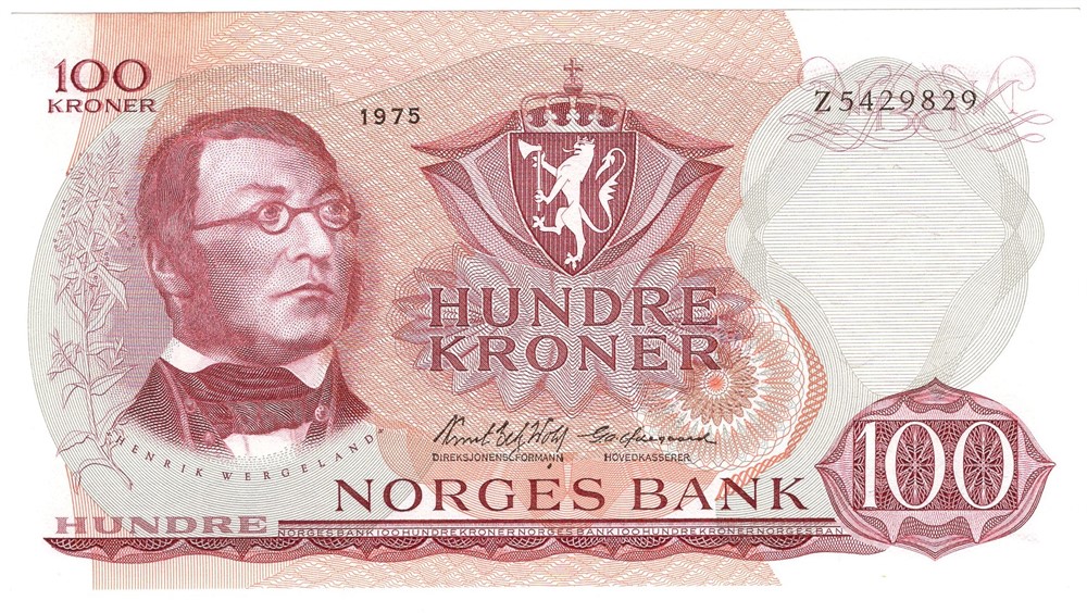 100 kroner 1975 Z.5429829. 5-million erstatningsseddel. Kv.0
