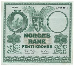 50 kroner 1960 Z.0182140. Erstatningsseddel. RR-seddel. Kv.1+