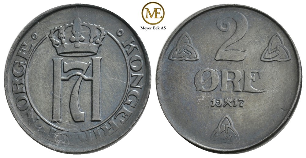 2 øre 1917 Haakon VII. Dobbel strek. Kv.0