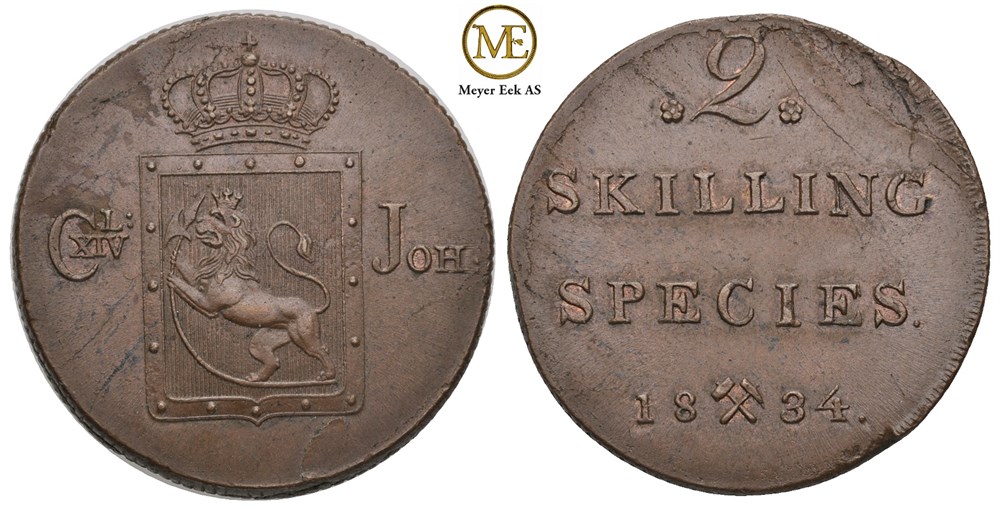 2 skilling 1834 Carl XIV Johan. Kv.0