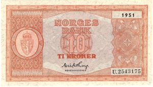 10 kroner 1951 U.2543175. Kv.0