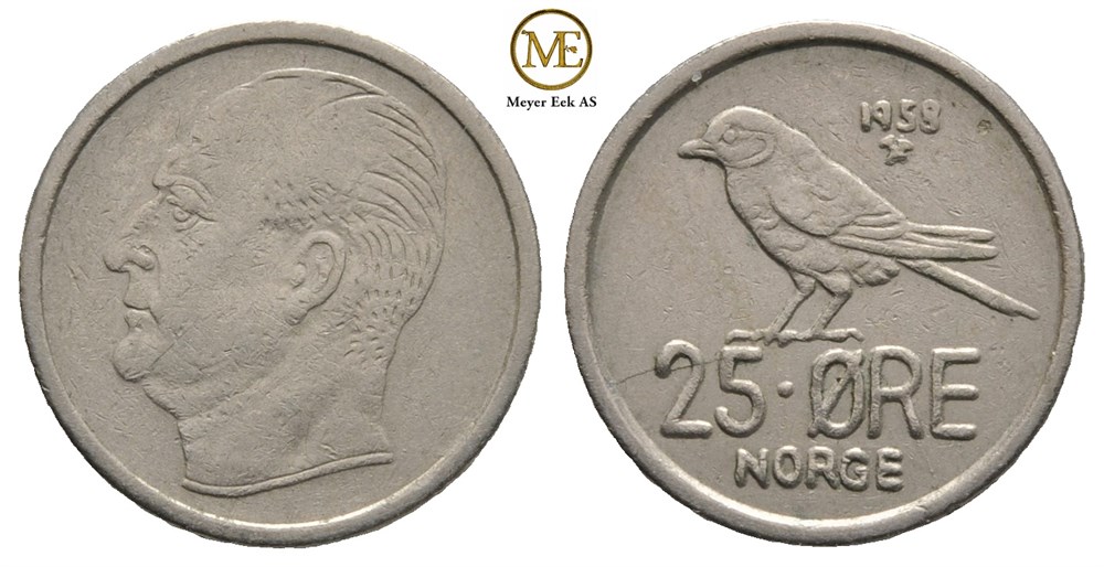 25 øre 1958 Olav V. Prøvemynt. Kv.01