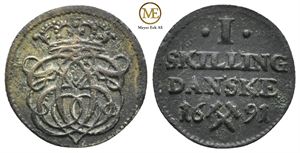 1 skilling 1691 Christian V. Variant. Kv.1+