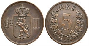 5 øre 1876 Oscar II. Kv.1+/01