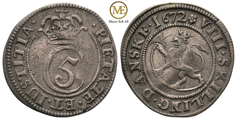 8 skilling 1672 Christian V. Kv.1+