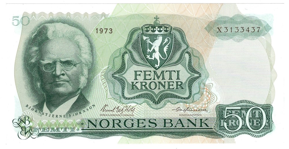 50 kroner 1973 X.3133437. Erstatningsseddel. Kv.0