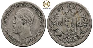 50 øre/15 sk. 1874 Oscar II. Kv.1