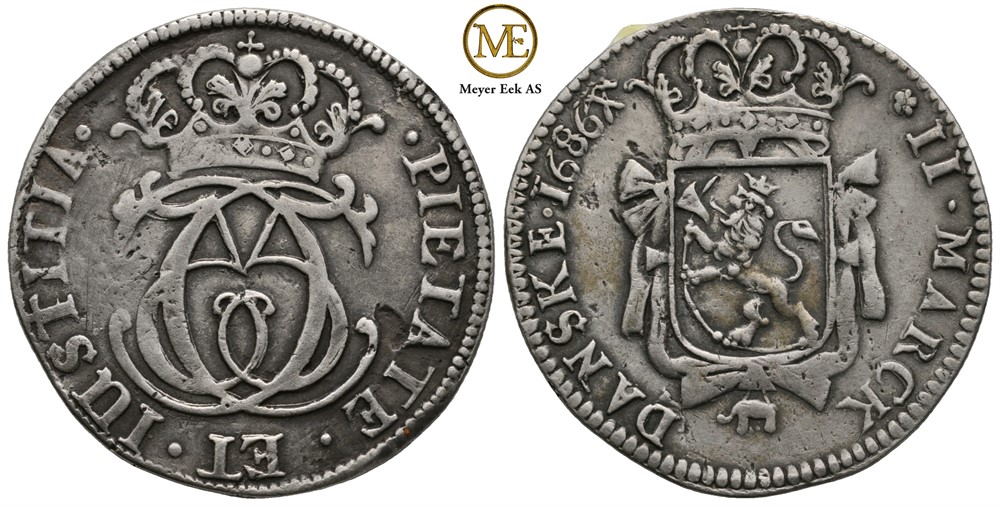 2 mark 1686 Christian V. Kv.1+