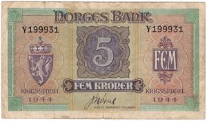 5 kroner 1944 Y. London utgaven. Kv.1/1-