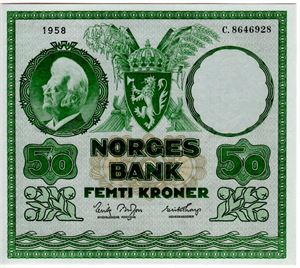 50 kroner 1958 C Ex. Stave Olsen/ Meyer Eek 2018 Kv.0