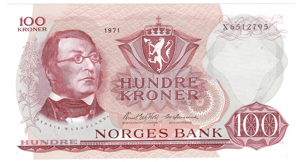 100 kroner 1971 X.6512795. Erstatningsseddel. Kv.0