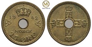 25 øre 1942 Haakon VII. London utgaven.  Kv.0/01