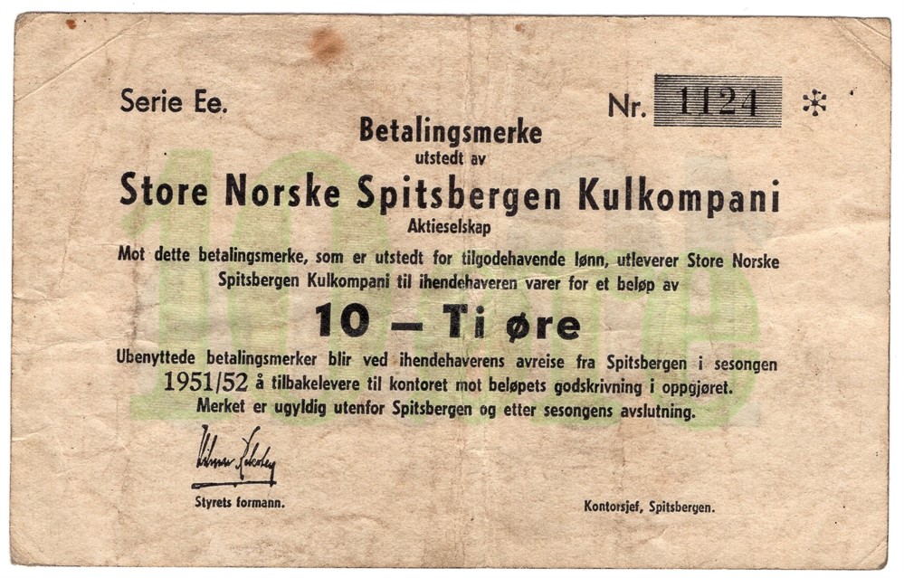 10 øre Store Norske Spitsbergen Kulkompani. 1951/52 Ee. Kv.1