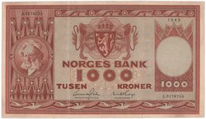 1000 kroner 1949 A.0176255. Kv.1+