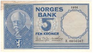 5 kroner 1956 Z. RR. Erstatningsseddel. Kv.1+