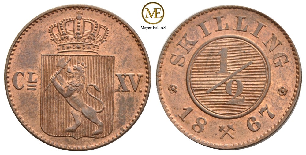 1/2 skilling 1867 Carl XV. NM.24. Praktfult eksemplar. Ex. OMG. Kv.0