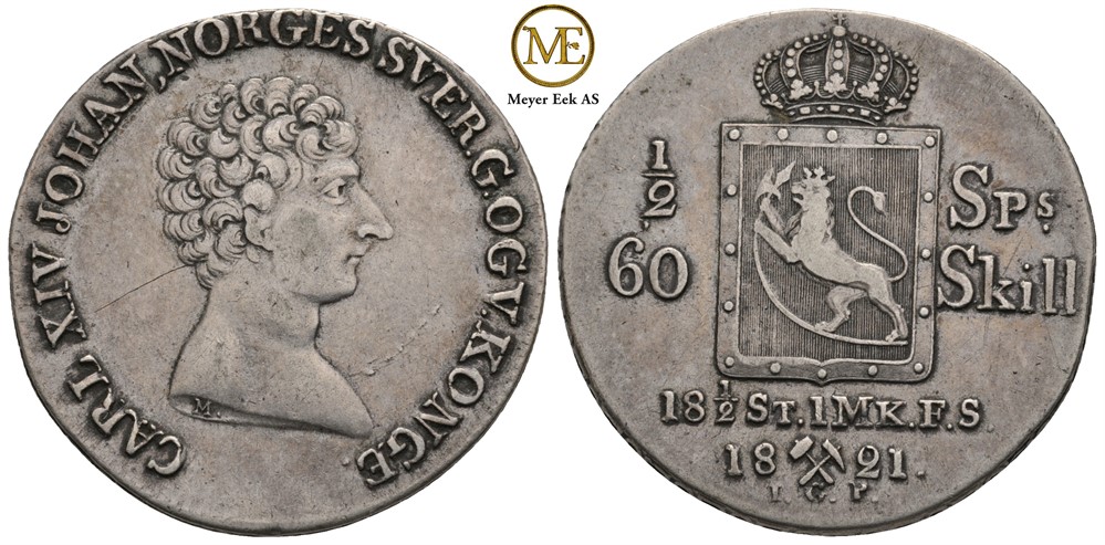 1/2 speciedaler 1821 Carl XIV Johan. Kv.1+