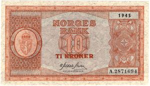 10 kroner 1945 A.2871694. Kv.0