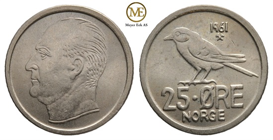25 øre 1961 Olav V. Kv.0