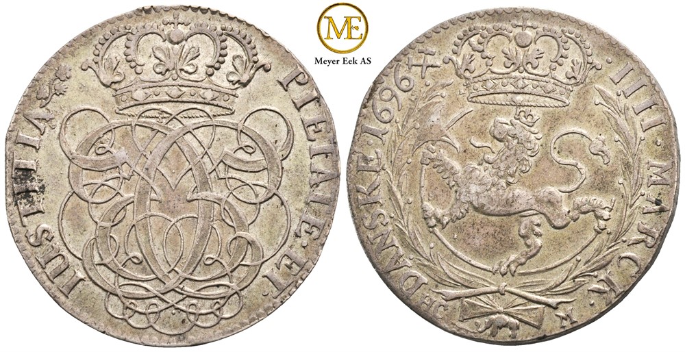 4 mark 1696 Christian V. Kongsberg. Kv.01