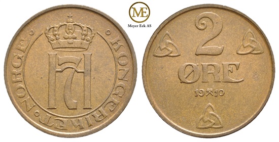 2 øre 1910 Haakon VII. Kv.0