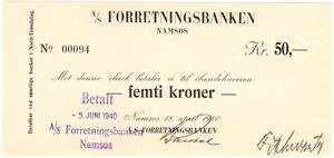 A/S Forretningsbanken Namsos. 50 kroner. Kv.0