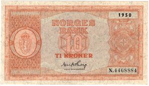 10 kroner 1950 N.4468884. Kv.0/01