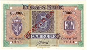 5 kroner 1944 Specimen. London utgaven. Kv.0