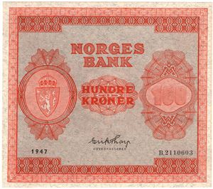 100 kroner 1947 B.2110603. Kv.01