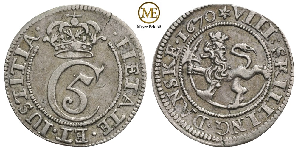 8 skilling 1670 Christian V. Kv.1+/01