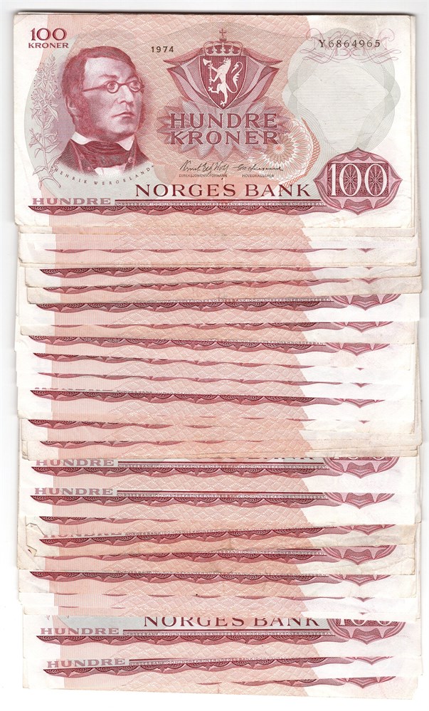 Stor Lot. 100 kroner 1974-1977. 67 stk. VK
