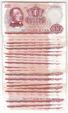 Stor Lot. 100 kroner 1974-1977. 67 stk. VK
