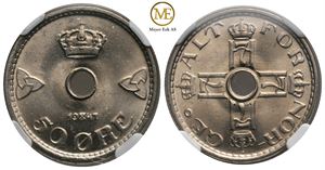 50 øre 1947 Haakon VII. MS 66+. Prakt