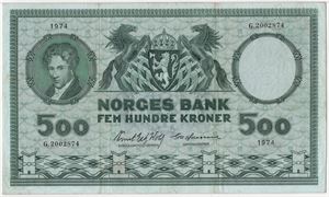 500 kroner 1974 G. Erstatningsseddel. R. Kv.1+