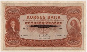 1000 kroner 1947 A.0490418. Gradert til 53 about UNC hos PMG. Kv.01