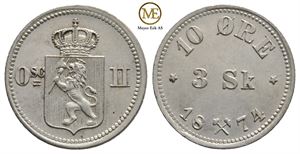 10 øre/ 3 sk. 1874. Oscar II. Kv.0/01