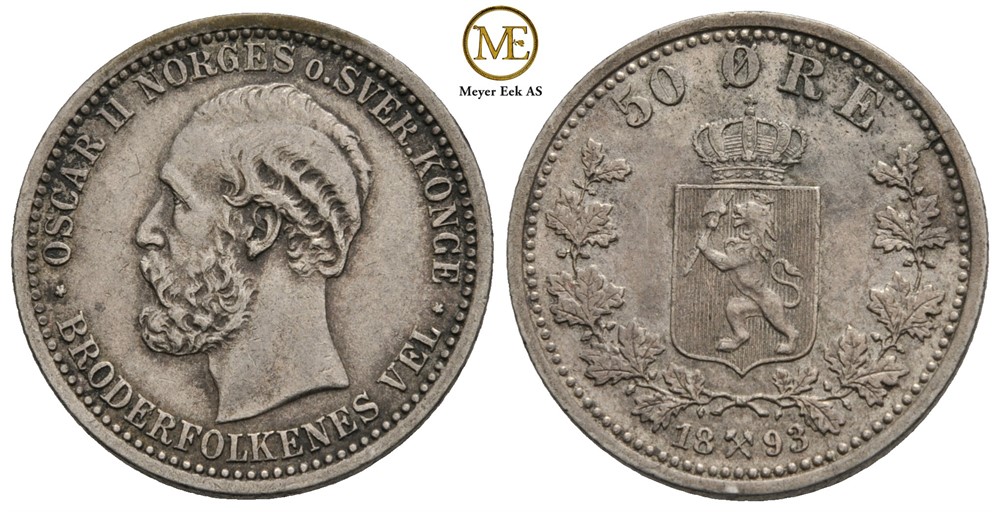 50 øre 1893 Oscar II. Kv.1+