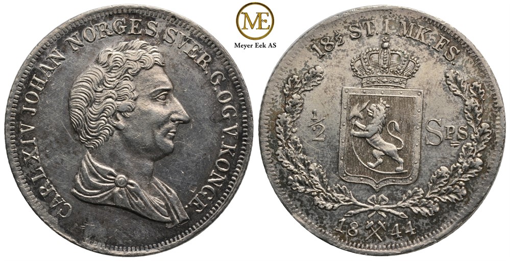 1/2 Speciedaler 1844 Carl XIV Johan. NM.29. Ujevnt preg. Kv.1+/01