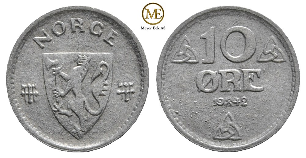 10 øre 1942 zink. Haakon VII. Kv.0