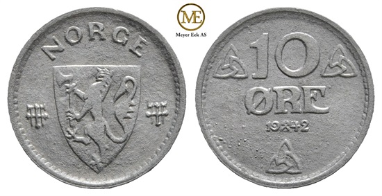 10 øre 1942 zink. Haakon VII. Kv.0