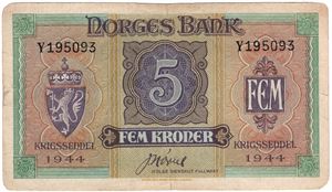 5 kroner 1944 Y.195093. London utg. Kv.1/1+