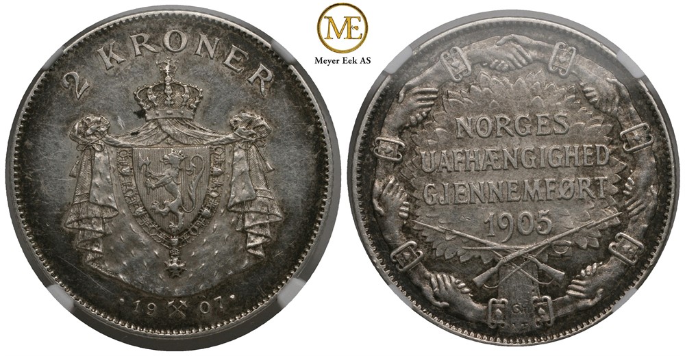 2 kroner 1907 m/gevær Haakon VII. Kv.01