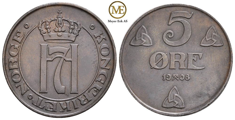 5 øre 1908 Haakon VII. Kv.0/01
