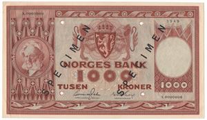 1000 kroner 1949 X.0000000. Specimen. Kv.0/01