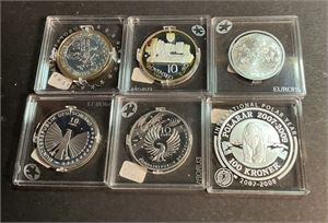 6 stk mynter i sølv fra Europa serien og fab 12 proof