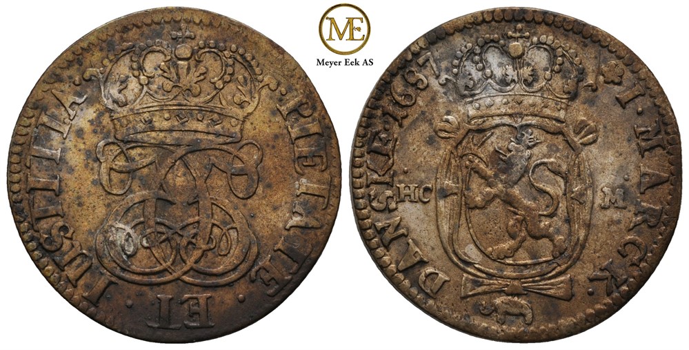 Mark/16 skilling 1687 Christian V. Kv.1+/01