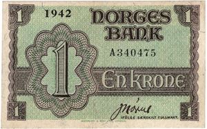 1 krone 1942. A.340475. London utg. Kv.1+